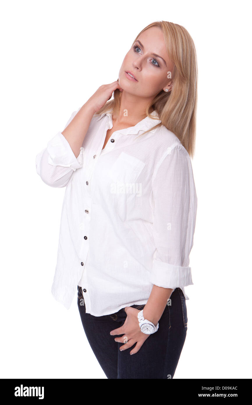 blonde woman in white shirt Stock Photo - Alamy