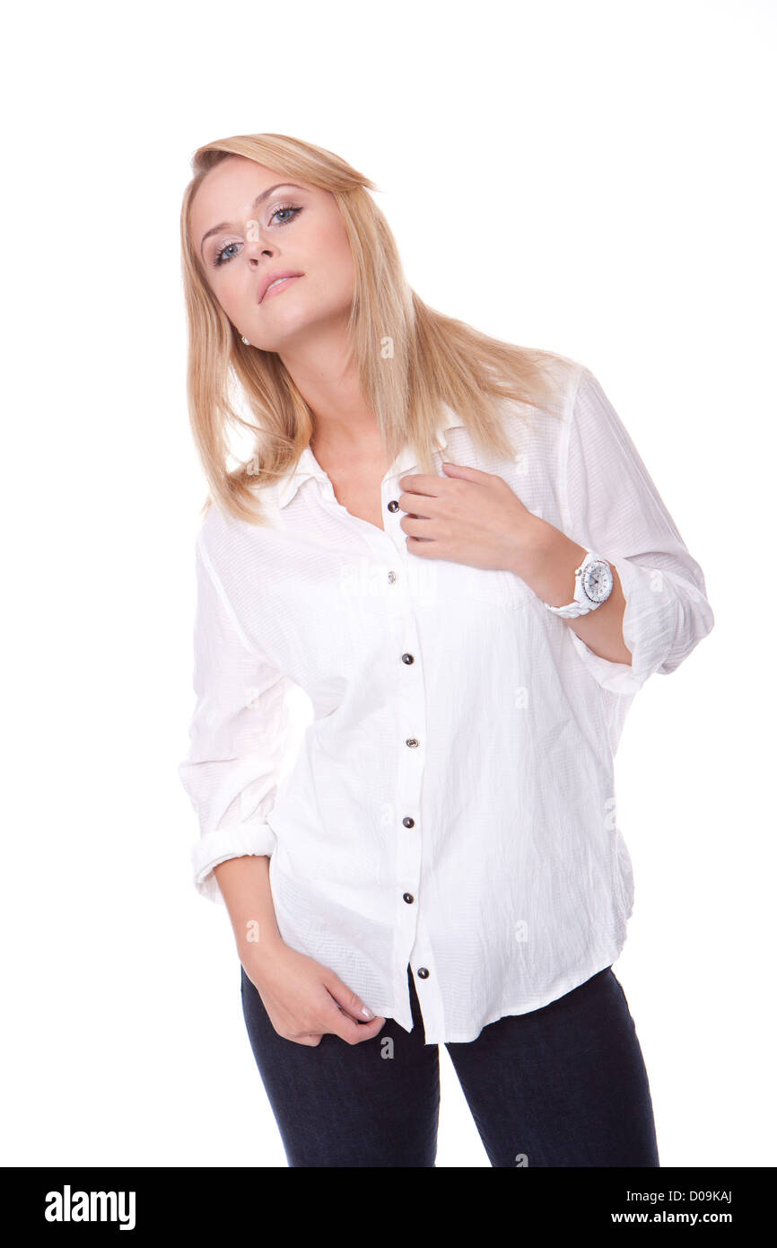 blonde woman in white shirt Stock Photo - Alamy