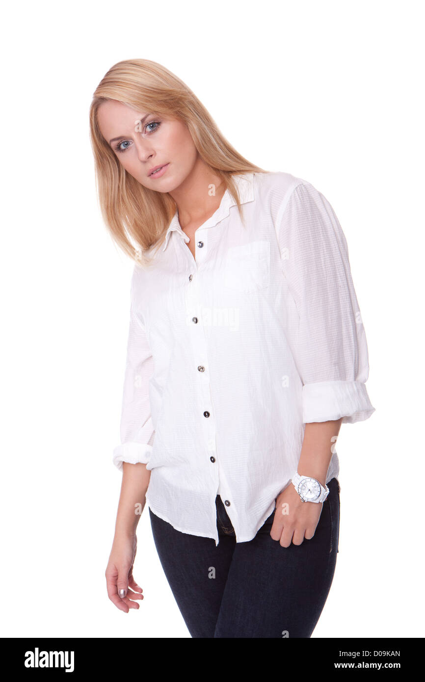 blonde woman in white shirt Stock Photo - Alamy