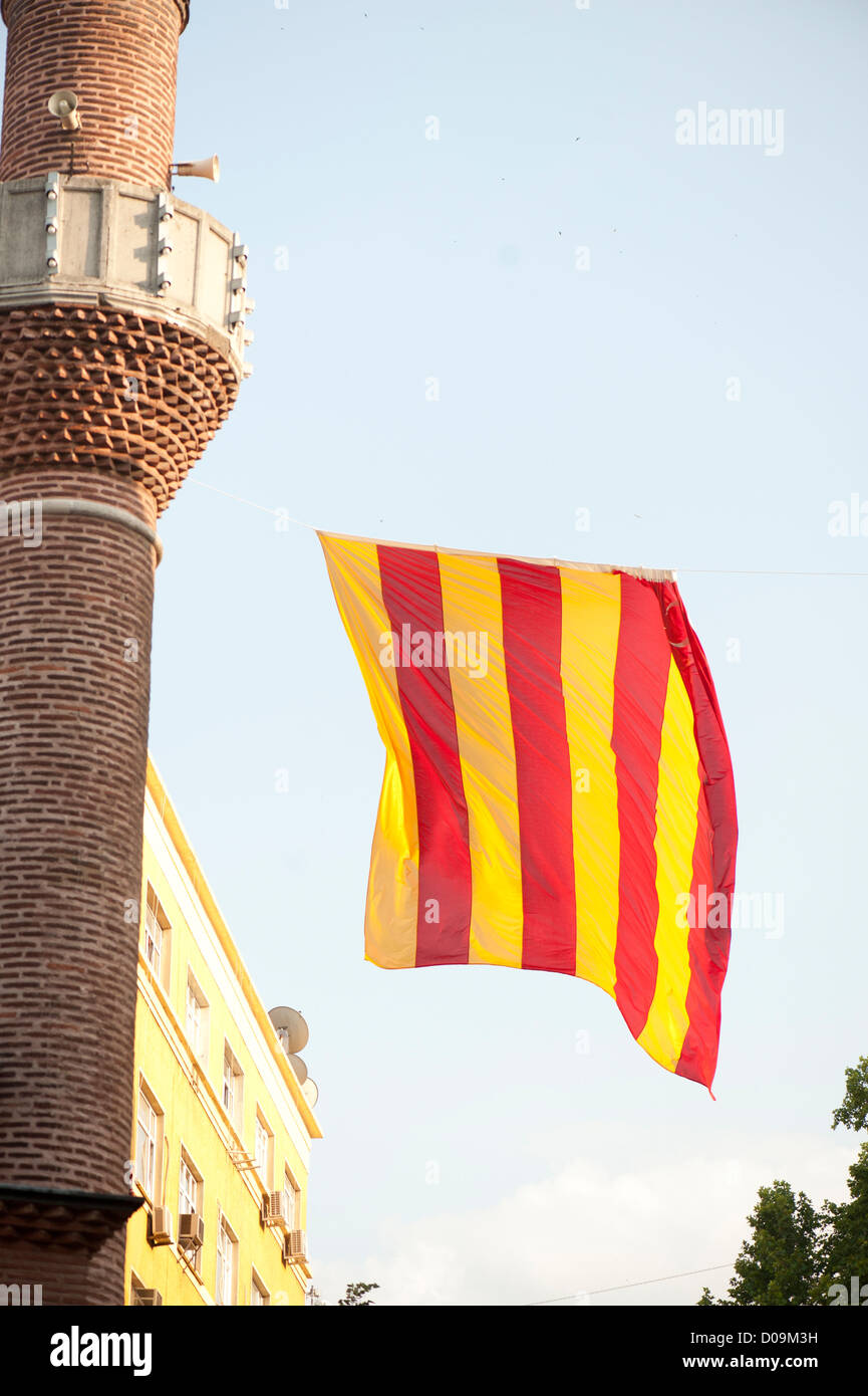 The flag of Galatasaray FC flies in the old city, Istanbul Stock Photo