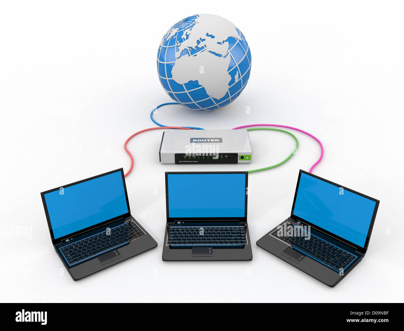 Home Network. Router and three laptops. 3d Stock Photo Alamy