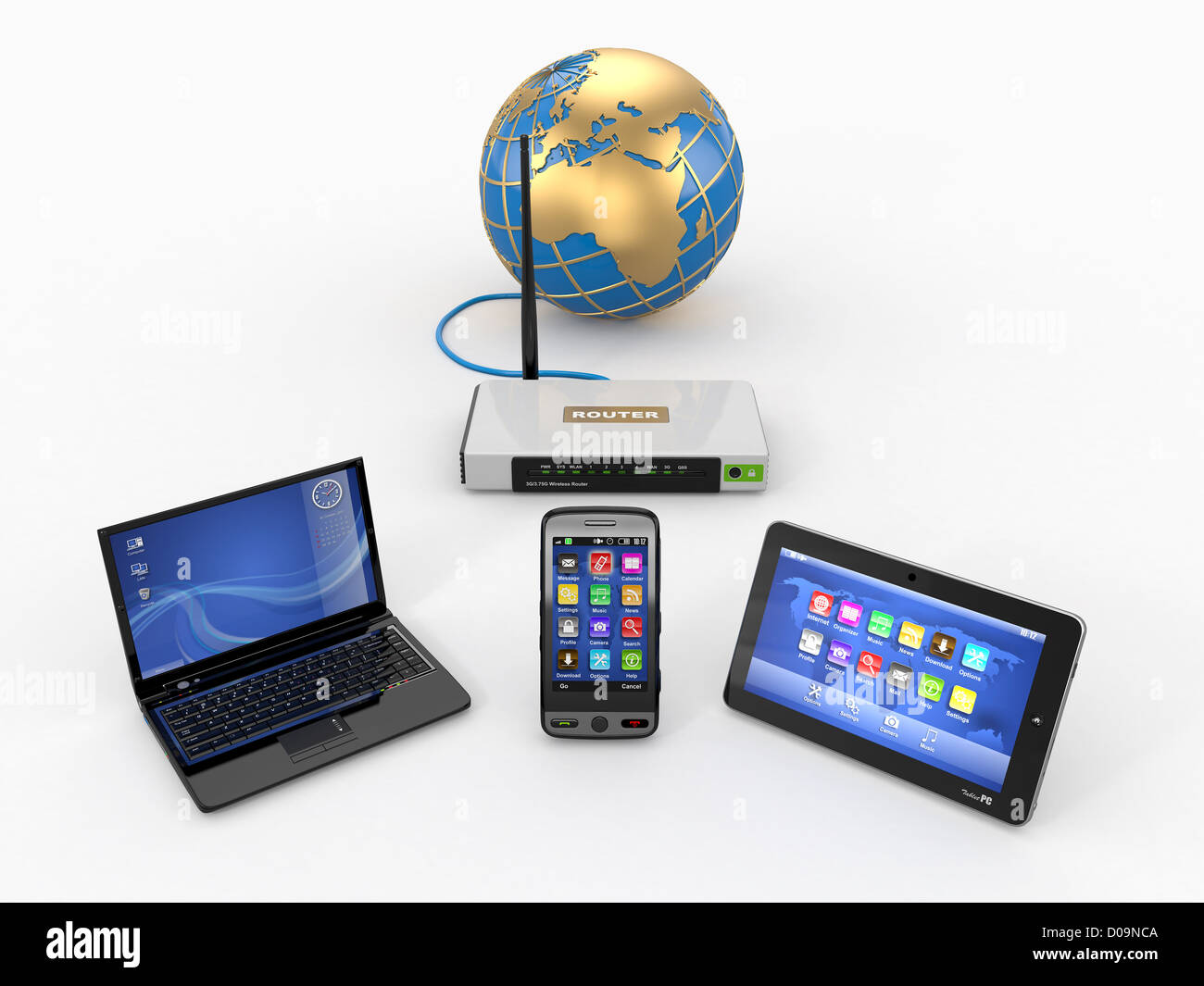 Home wifi network. Internet via router on phone, laptop and tablet pc. 3d Stock Photo