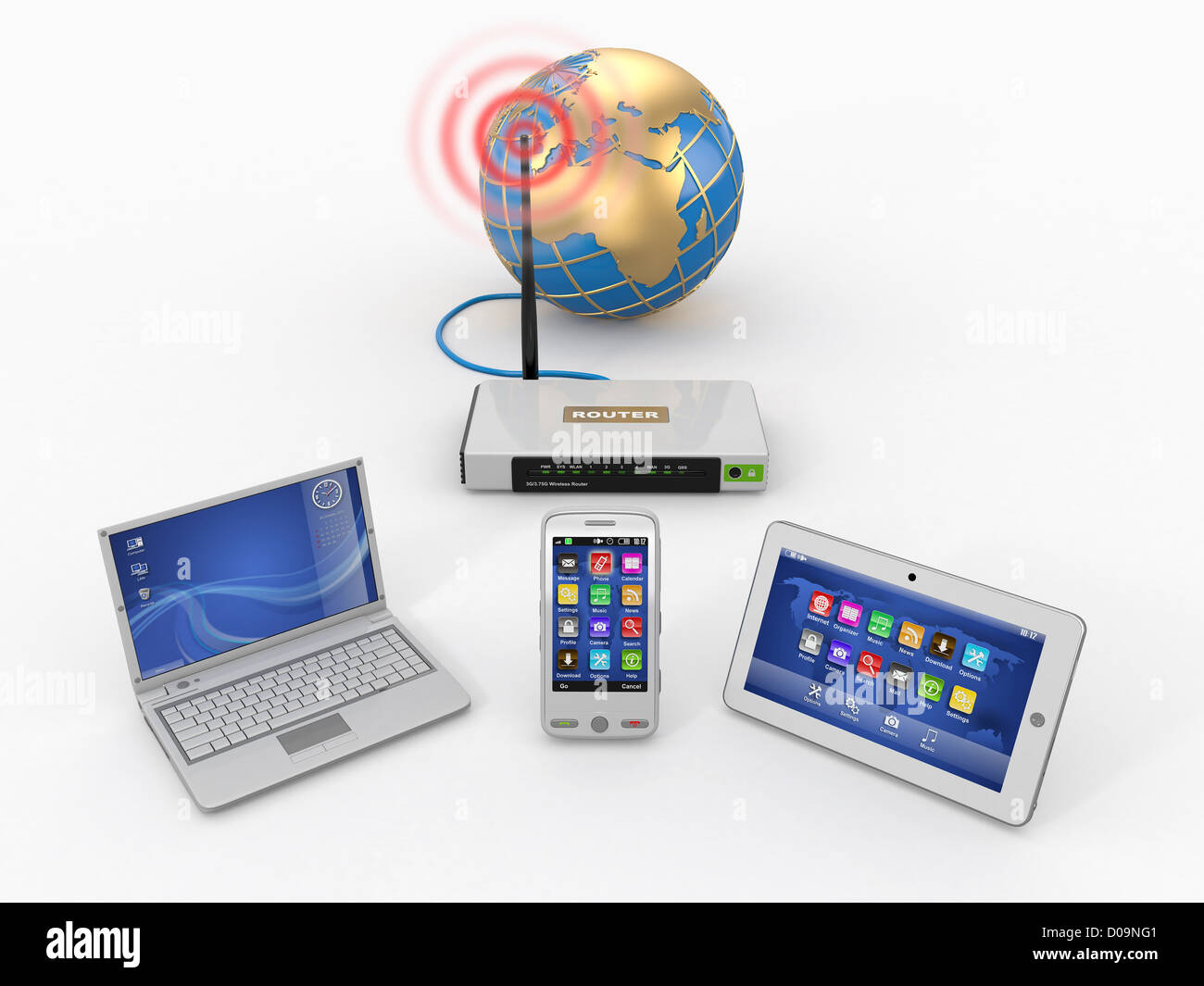 Home wifi network. Internet via router on phone, laptop and tablet pc. 3d Stock Photo
