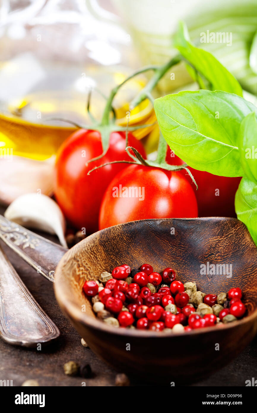 Several varieties of vegetables, olive oil and spices Stock Photo Alamy