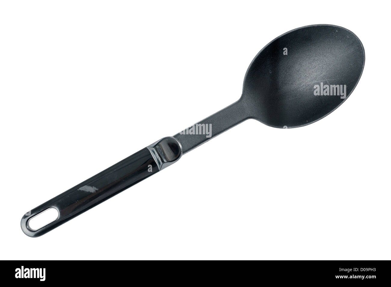 Black plastic spoon in front of white background Stock Photo