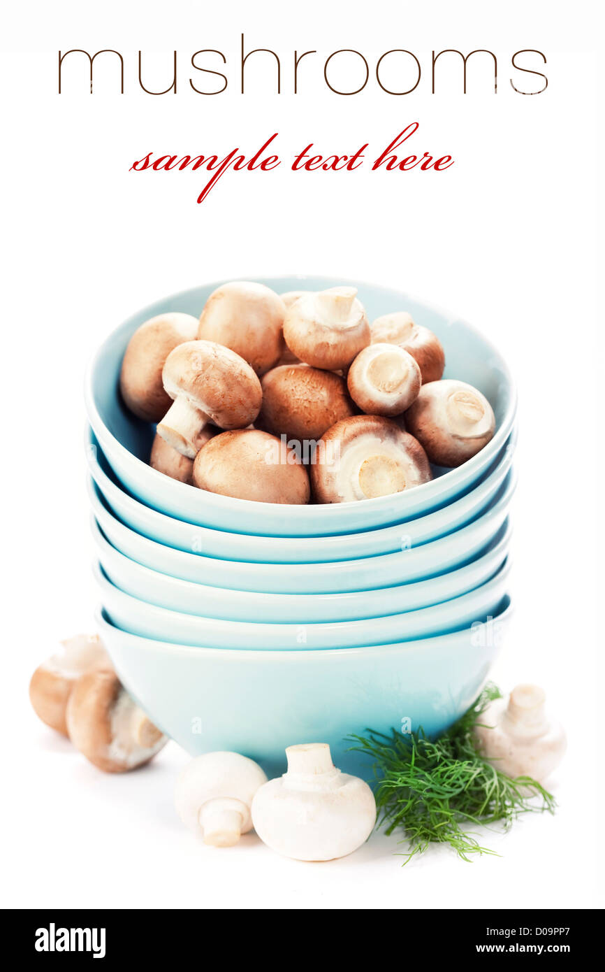 Stack of bowls and Fresh mushrooms over white Stock Photo
