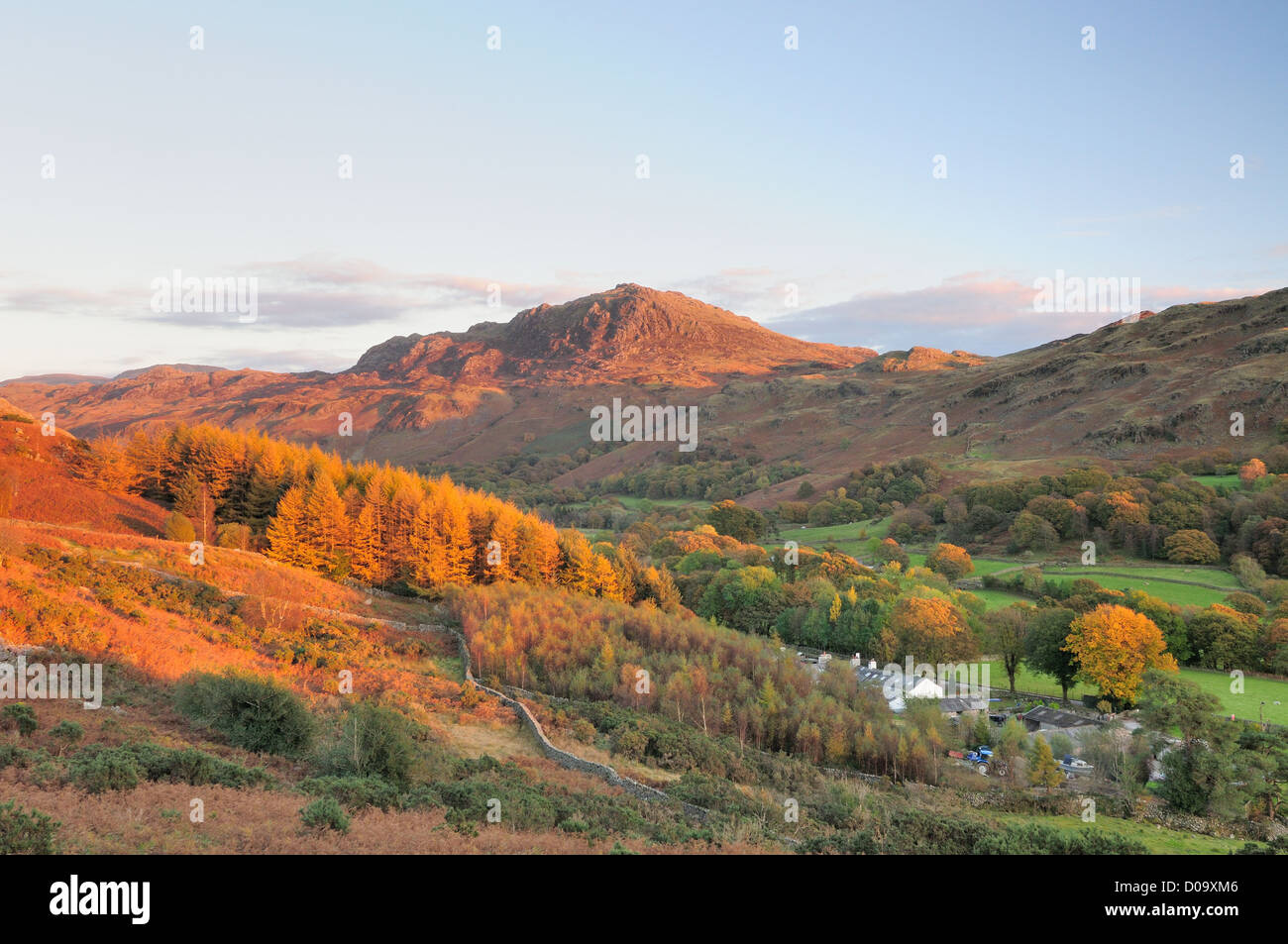 View of Harter Fell and Eskdale from Little Barrow, in evening autumn sunlight, English Lake District Stock Photo