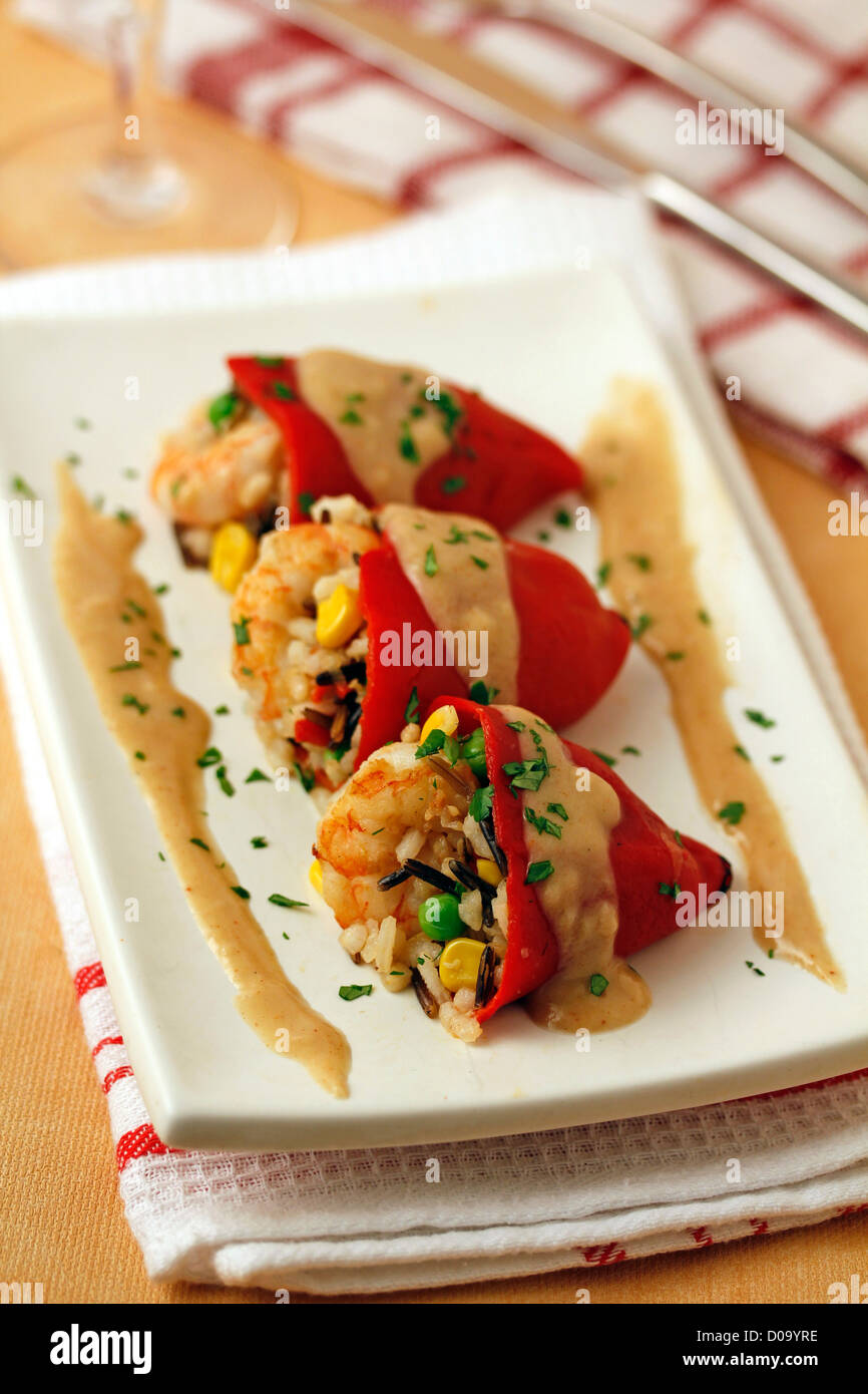 Stuffed "piquillo" peppers with wild rice and prawns. Recipe available