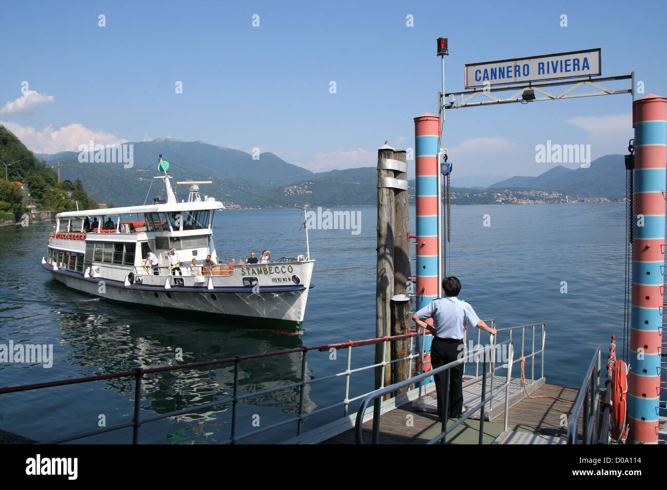 ferry pulling in at Cannero Riviera on Italy's Lago Maggiore Stock Photo