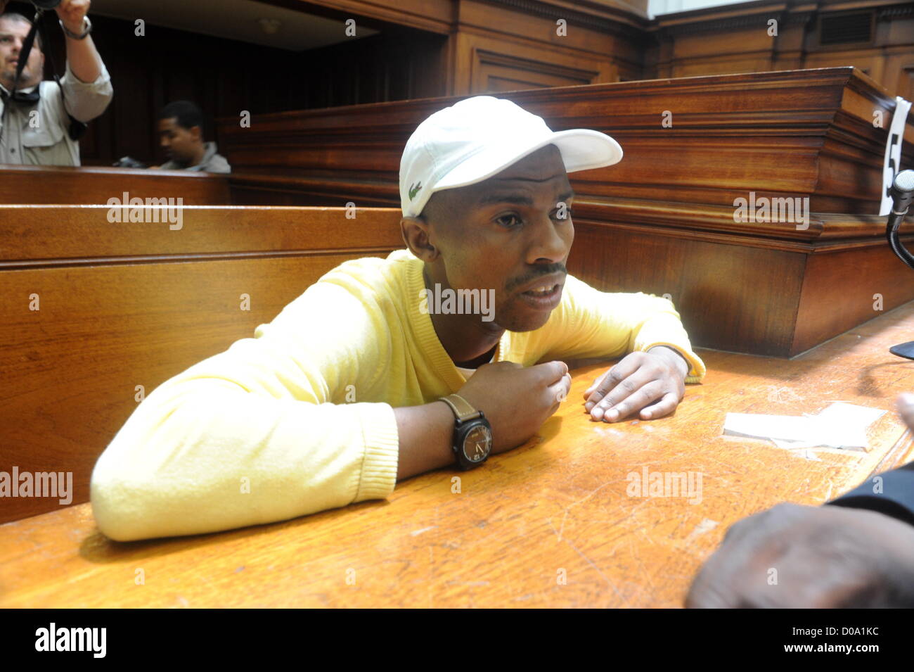 CAPE TOWN, SOUTH AFRICA: Xolile Mngeni in the Cape Town High Court on November 21, 2012  in Cape Town, South Africa. Mngeni was found guilty of robbery with aggravating circumstances, premeditated murder and illegal possession of a firearm and ammunition, after his involvement with the murder of Anni Dewani, allegedly plotted by her British husband Shrien Dewani. (Photo by Gallo Images / Foto24 / Lulama Zenzile)      201102012. ** Nuus Die Burger.  Xolile Mngeni at the Cape High court  for the killing of Anni Dewani. The was a bomb scare at the court. Stock Photo