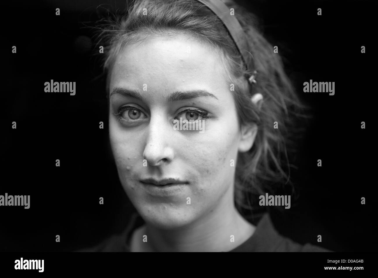 close up portrait of a young woman teenager in black and white Stock ...
