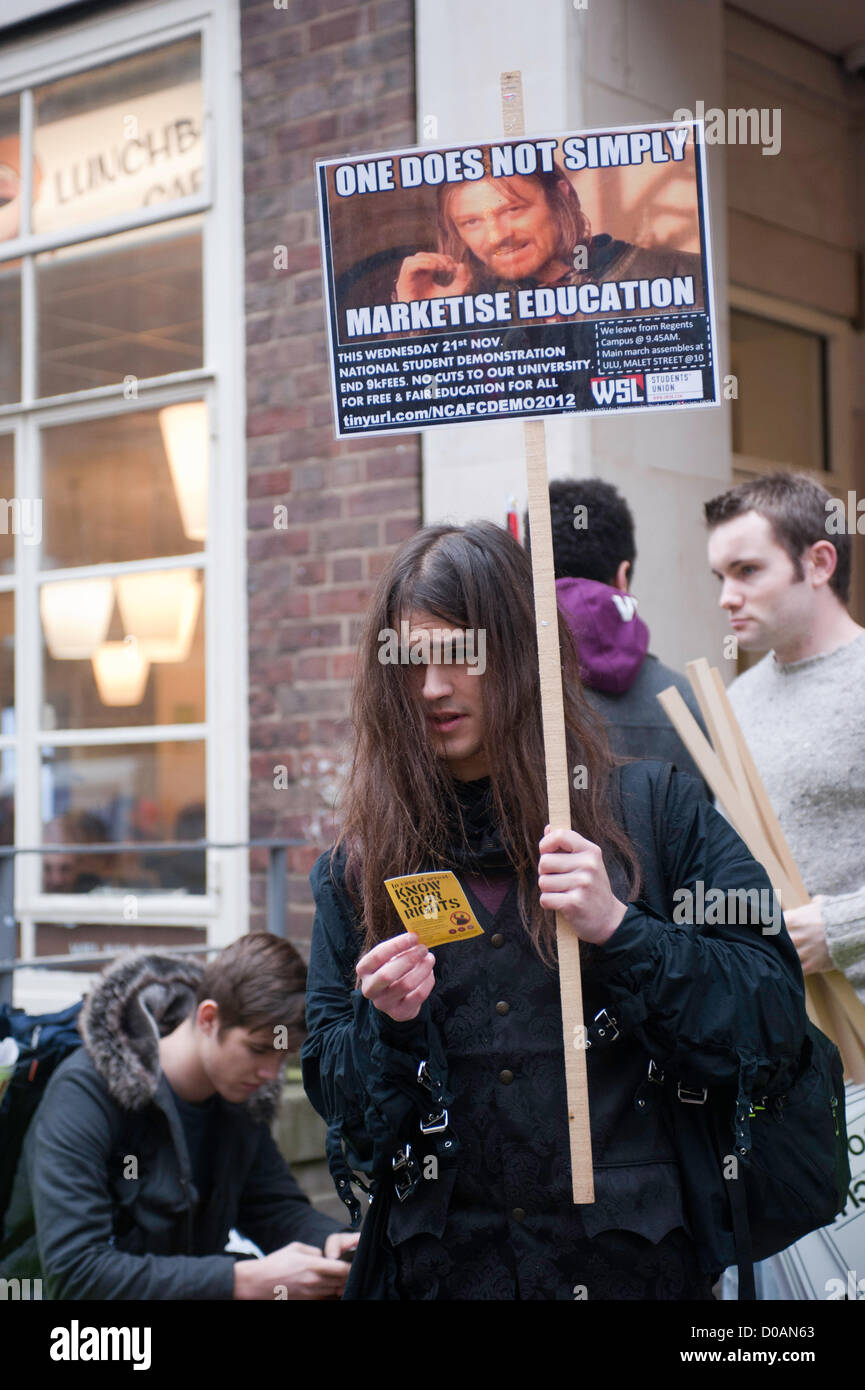London, UK - 21 November 2012: a man holds a sign reading 'one does not simply marketise education' during the march organised by the National Union of Students from Temple Place to Kennington Park to protest against tuition fees and unemployment.  © pcruciatti / Alamy  Live News Stock Photo