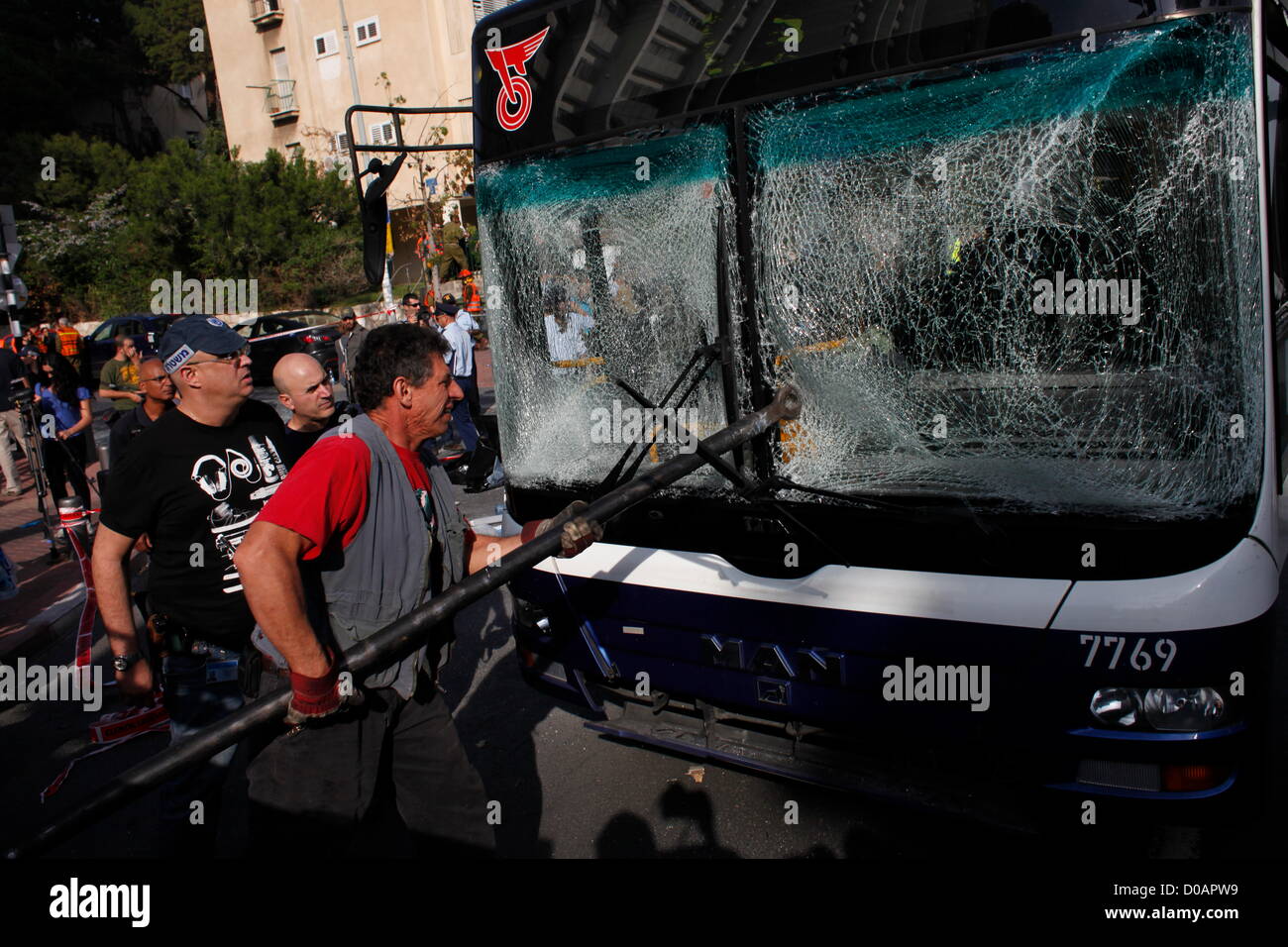 The front of a bus that was targeted in a bombing attack in Tel Aviv on ...