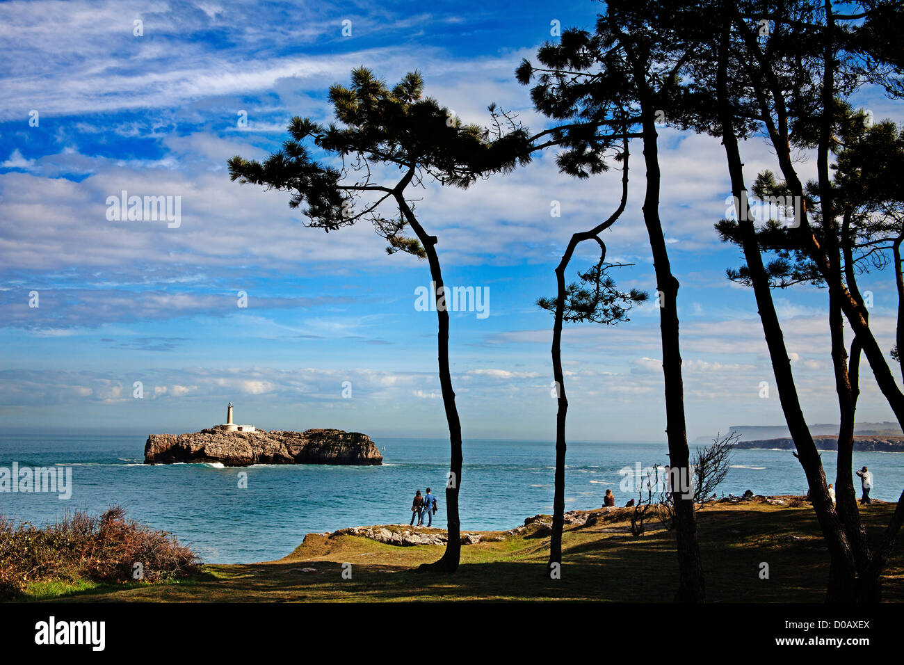 Mouro Island Lighthouse and Bay of Biscay Santander Cantabria Spain Stock Photo