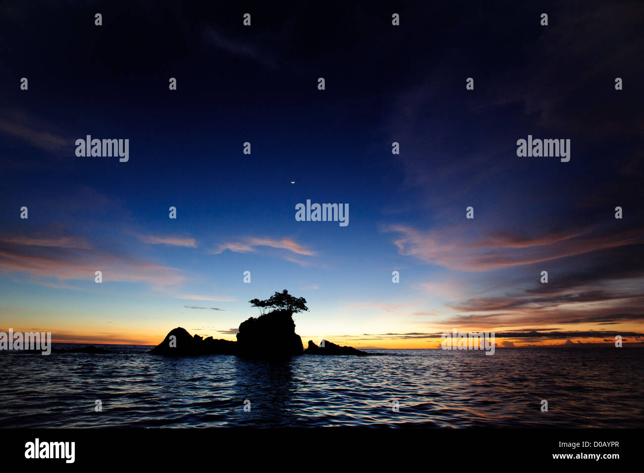 a rocky formation with a mangrove tree in the middle of the sea in the Mentawai, West Sumatra, Indonesia . During sunset Stock Photo