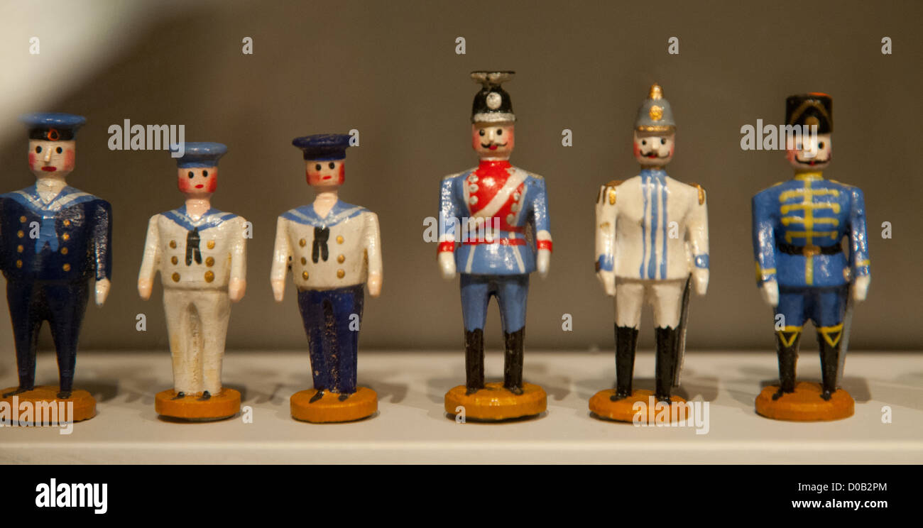 Historic miniature wooden figures on display in Seiffen Toy Museum Seiffen, Ore Mountains, Saxony, Germany Stock Photo