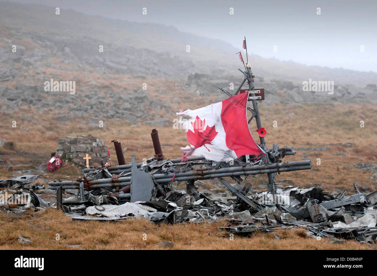 Crash site of a World War two Wellington Bomber which crashed into Carreg Coch in the Brecon Beacons Mountains in 1944. Stock Photo