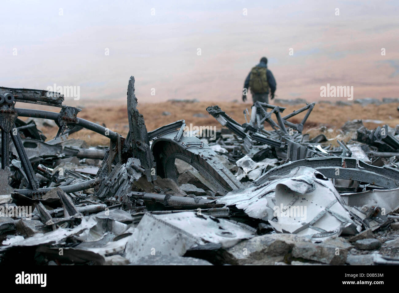 Crash site of a World War two Wellington Bomber which crashed into Carreg Coch in the Brecon Beacons Mountains in 1944. Stock Photo