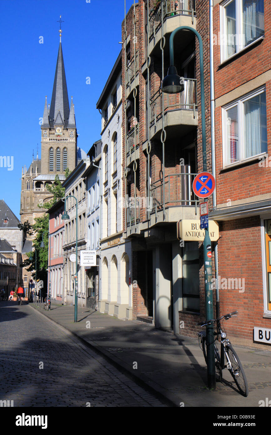 Typical street in Aachen with the cathedral in the background, Germany, Europe Stock Photo