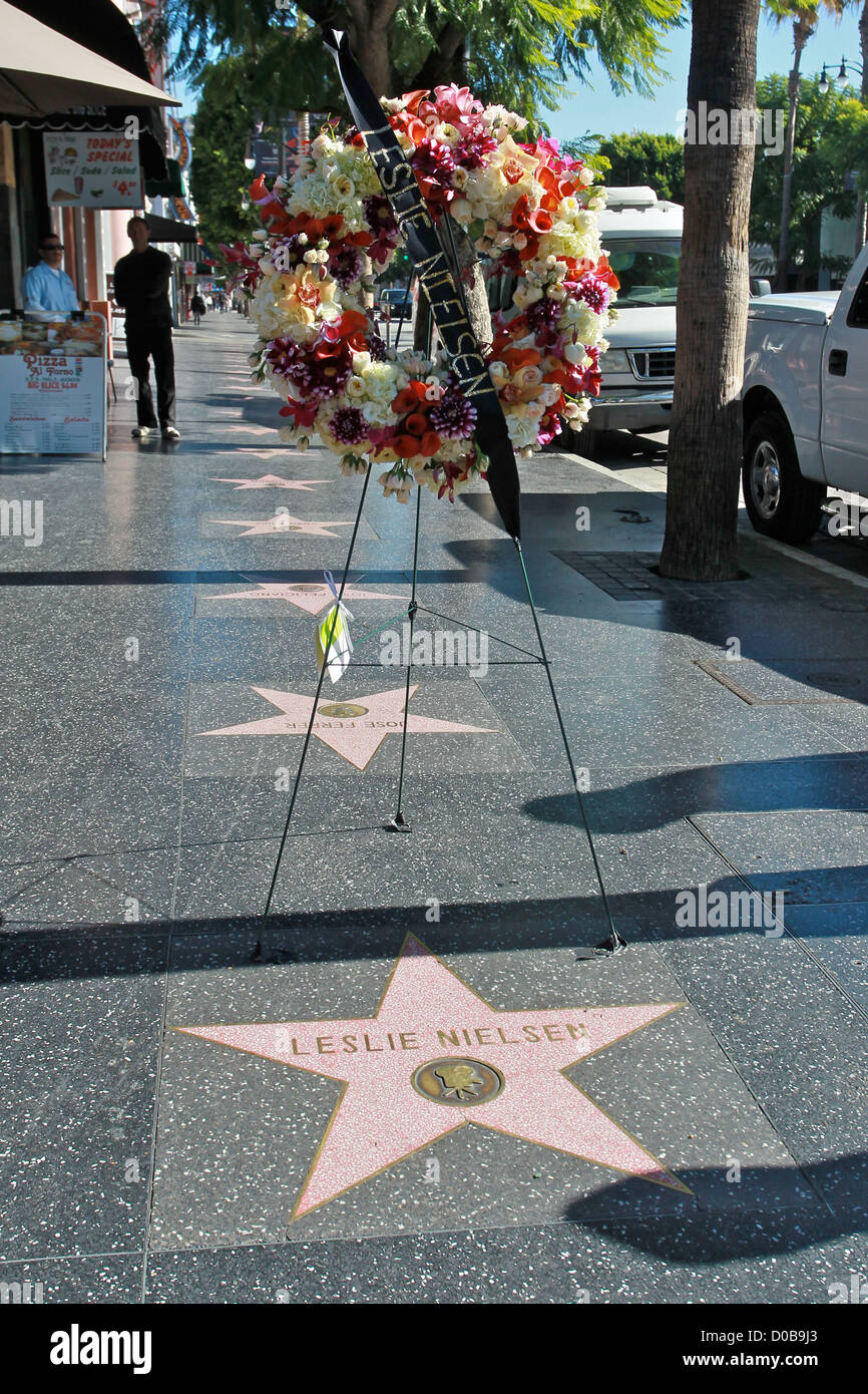A wreath of flowers is placed on the star of the late actor Leslie Nielsen on Hollywood Boulevard. Los Angeles, California - Stock Photo
