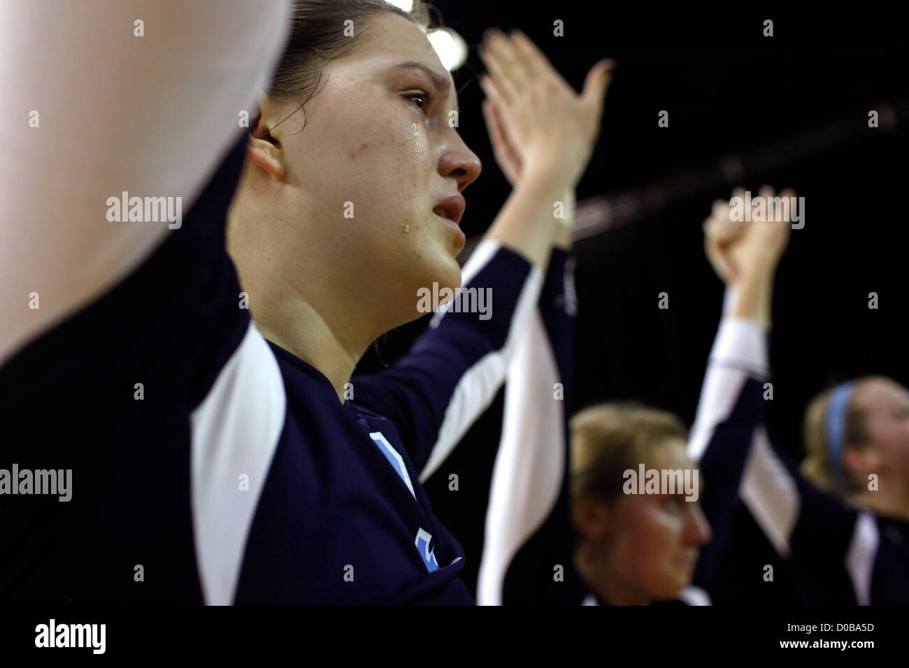 Nov. 17, 2012 - Kissimme, Florida, U.S. - Berkeley volleyball player Addison Harden (9) sheds a tear while standing with her team after loosing three straight sets against Bishop Moore at the Silver Spurs Arena in Kissimmee on Saturday afternoon. (Credit Image: © Eve Edelheit/Tampa Bay Times/ZUMAPRESS.com) Stock Photo