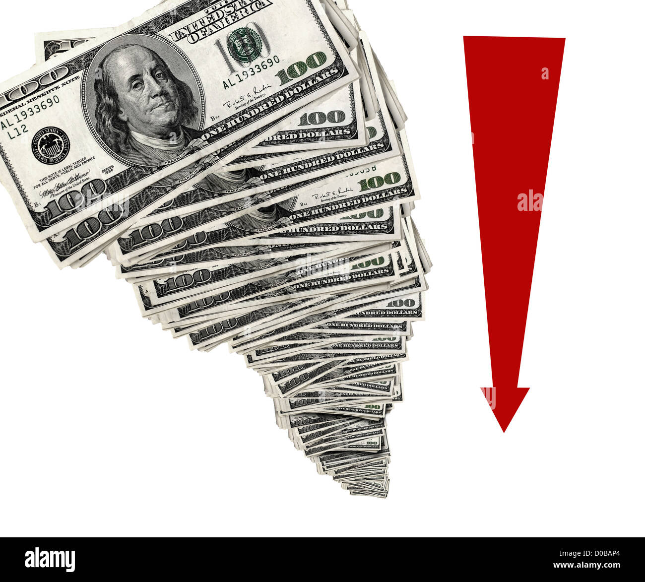 Closeup of hundred dollar bill with downward arrow showing losses Stock Photo