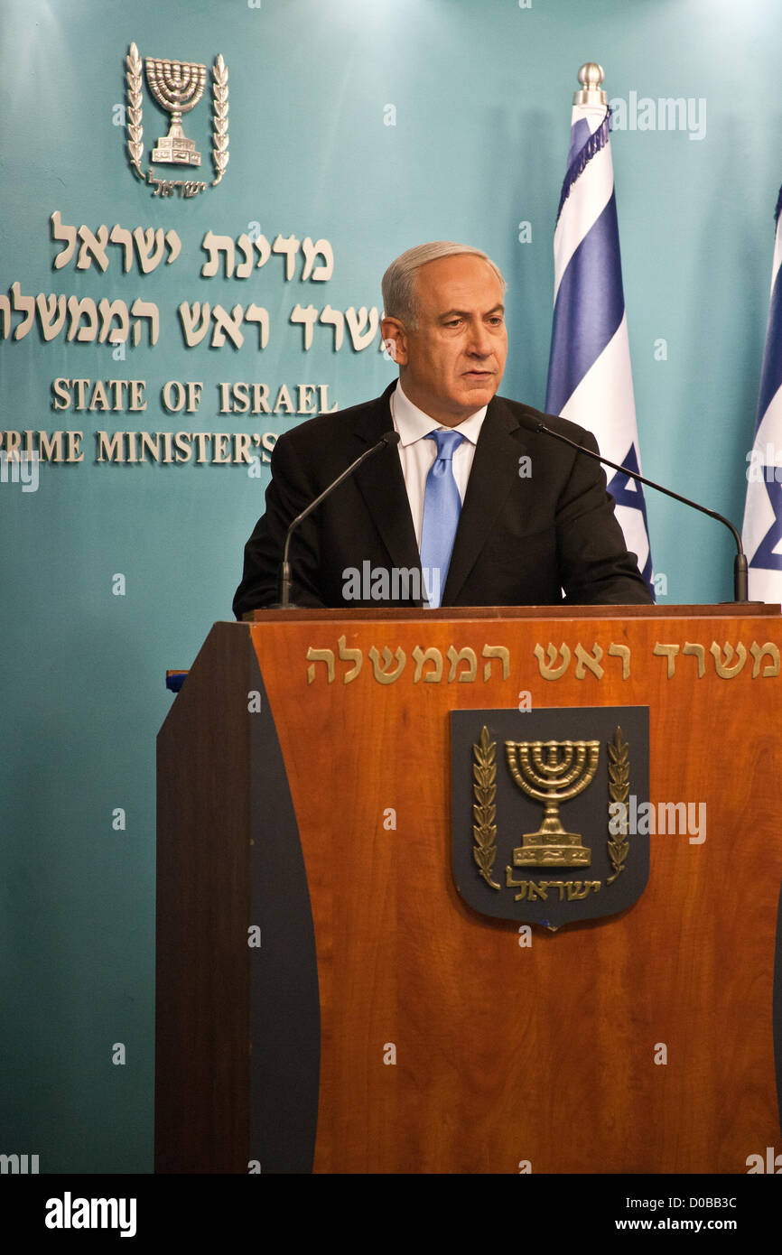 Prime Minister Benjamin Netanyahu addresses the nation at a press conference announcing Pillar of Defense ceasefire agreement saying: 'Citizens of Israel, I am proud to be your Prime Minister'. Jerusalem, Israel. 21-Nov-2012.  Prime Minister Benjamin Netanyahu holds a press conference with Foreign Minister Avigdor Lieberman and Defense Minister Ehud Barak announcing ceasefire agreement with Hamas ending Operation Pillar of Defense. Stock Photo