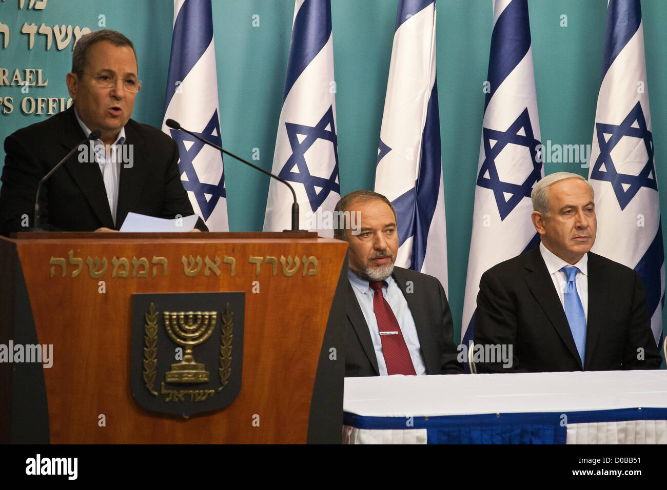 Minister of Defense Ehud Barak addresses the nation at a press conference announcing Pillar of Defense ceasefire agreement and announces 'All IDF military objectives have been achieved'. Jerusalem, Israel. 21-Nov-2012.  Prime Minister Benjamin Netanyahu holds a press conference with Foreign Minister Avigdor Lieberman and Defense Minister Ehud Barak announcing ceasefire agreement with Hamas ending Operation Pillar of Defense. Stock Photo