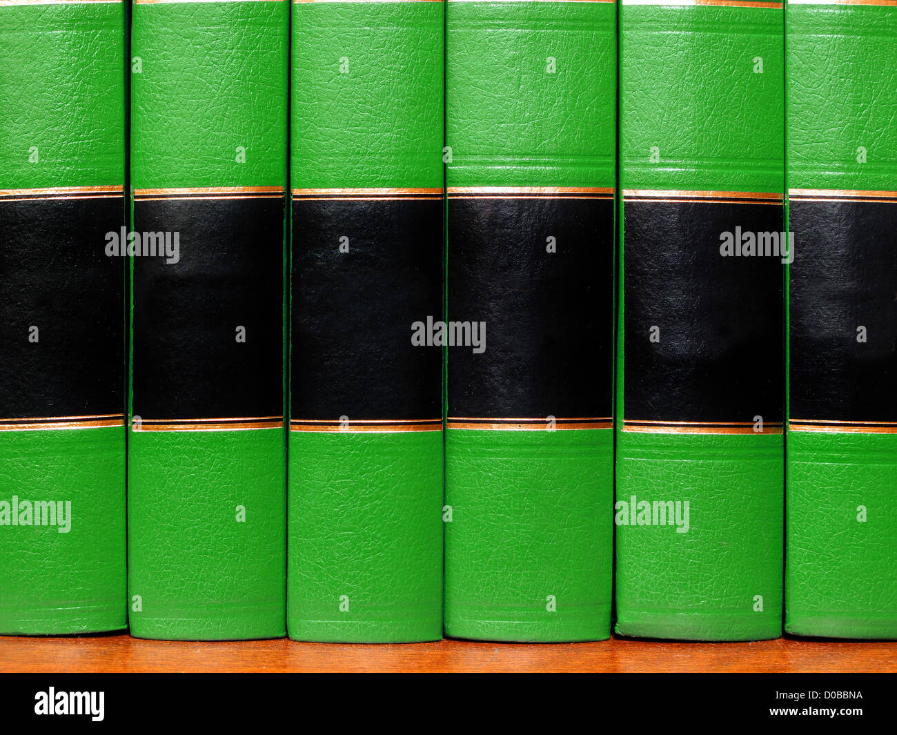 Row of old green leather books on a shelf with blank covers Stock Photo
