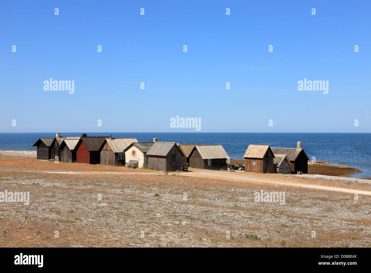 Fishermen's cabins on the coast of the Swedish island Fårö near Gotland in the Baltic Sea. Stock Photo