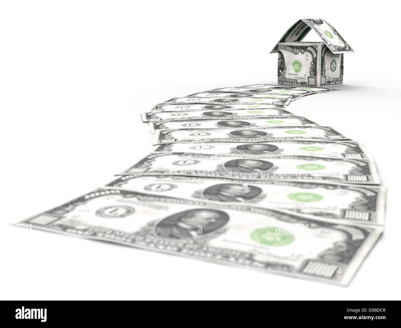 Money path leading to a house made of thousand dollar bills isolated on white background mortgage and housing concept Stock Photo