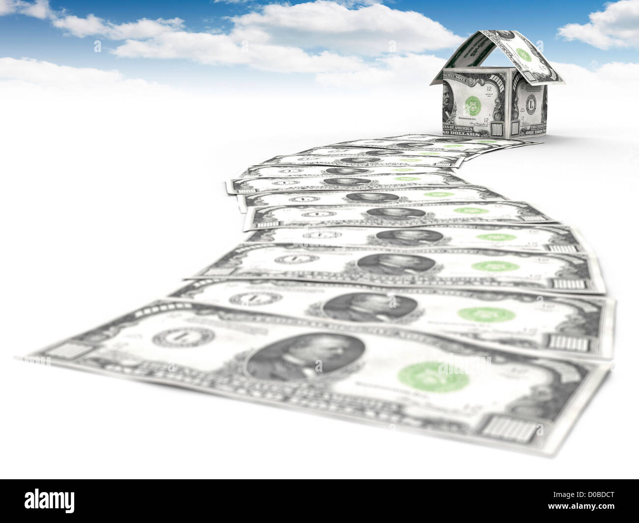 Money path leading to a house made of thousand dollar bills under blue sky isolated on white background mortgage and housing Stock Photo