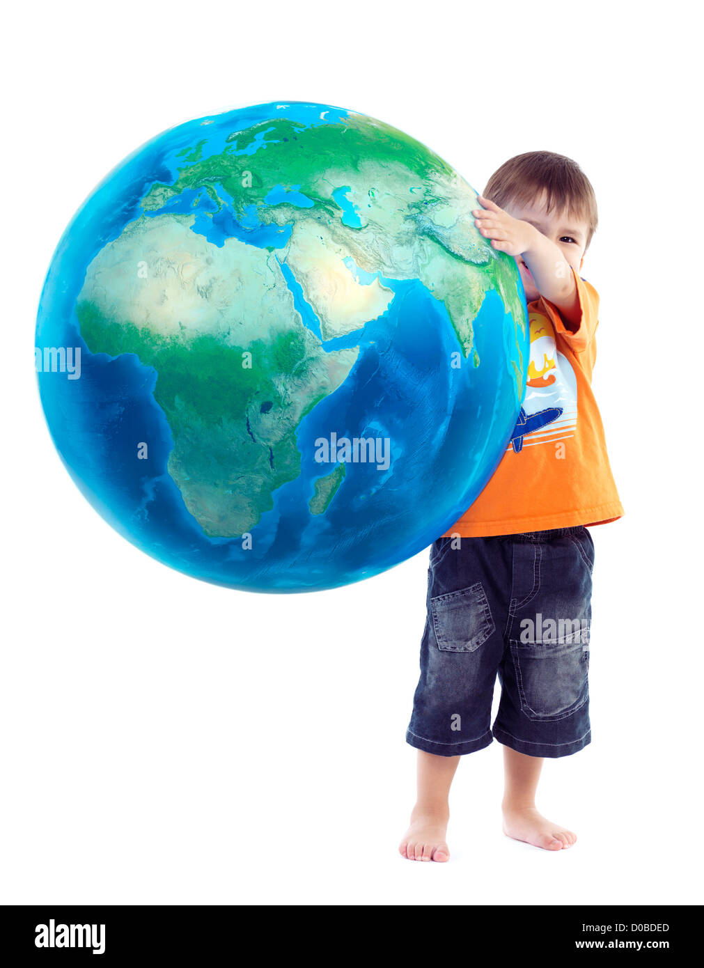 Cute little boy holding world globe, blue planet Earth in his hands, conceptual photo isolated on white background. Stock Photo
