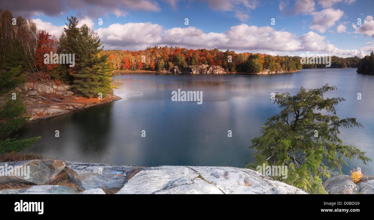 Beautiful fall morning landscape panoramic nature scenery at lake George, Killarney provincial park, Ontario, Canada. Stock Photo