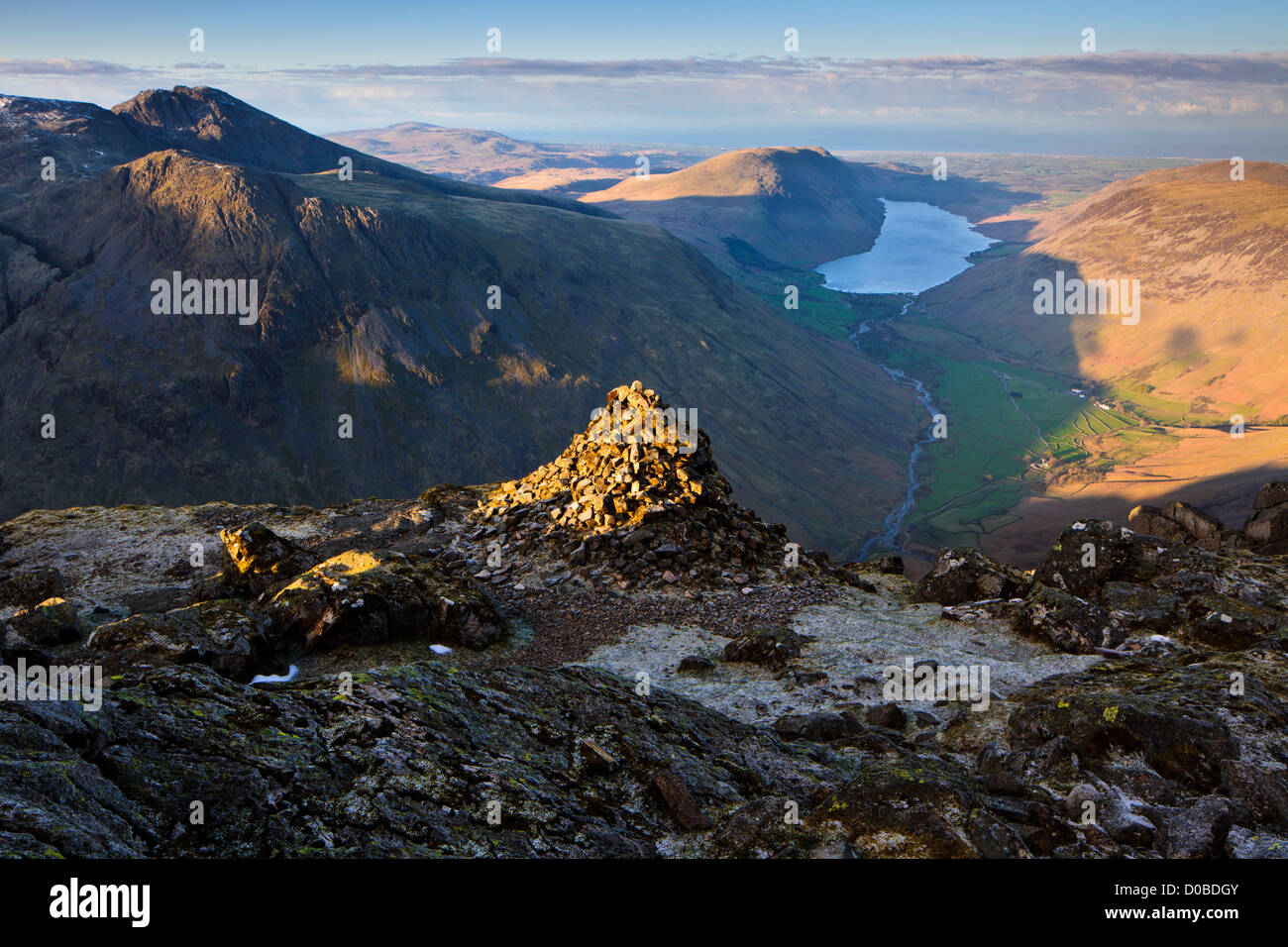 English Lake District, Westmorland Cairn on Great Gable, looking towards Lingmell, Wasdale Head & Wast water in the valley below. Stock Photo