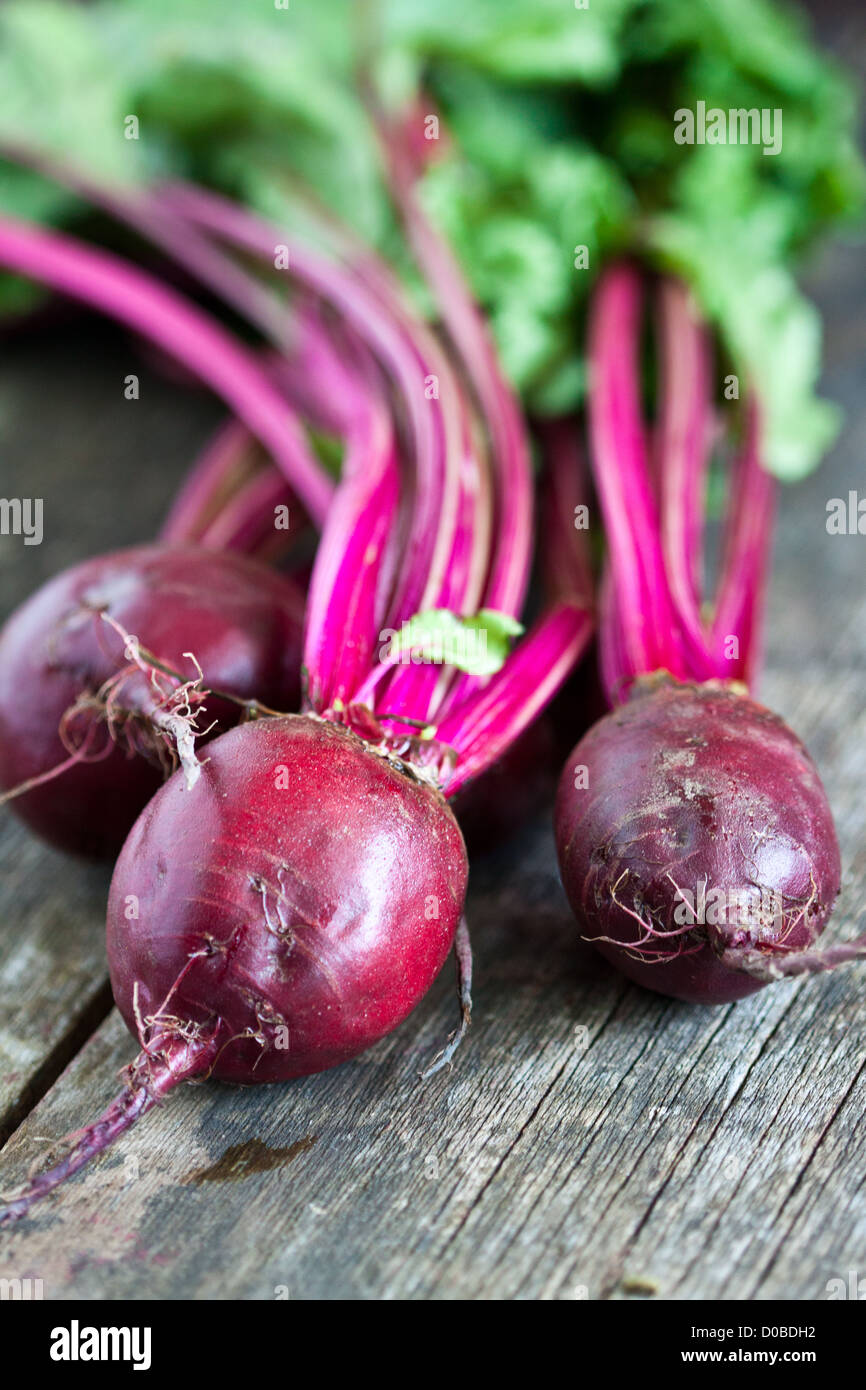 Closeup of fresh organic beets on old wooden table Stock Photo