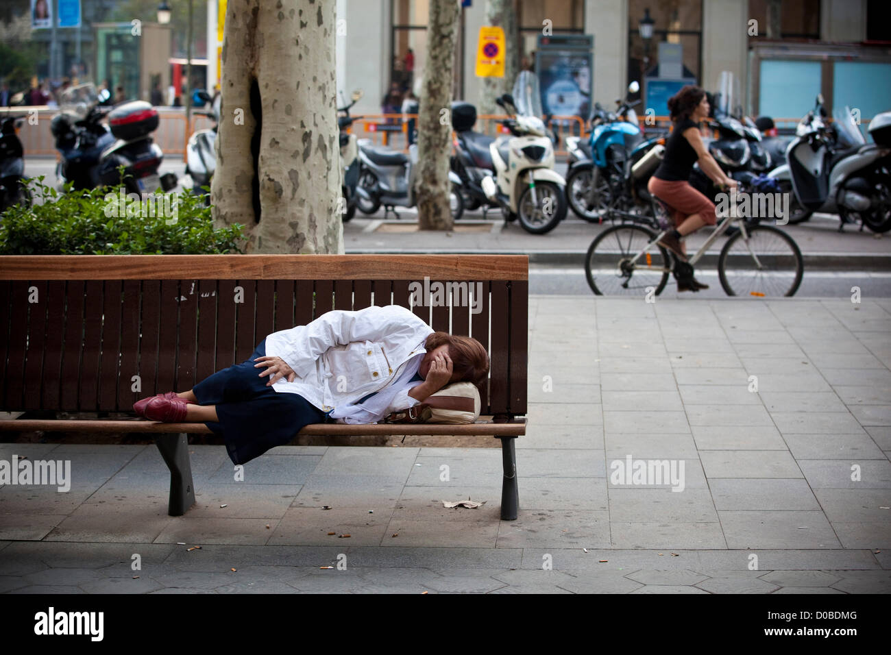 Passeig De Gracia, Barcelona, Catalonia.21.12.2012 Picture shows a woman lying on a bench at Passeig De Gracia, feeling the weight of the economic gloom over Catalonia and Spain during Europe's struggle to maintain the Euro overshadowed by another EU Summit dependent on agreeing bail-out conditions for debt ridden member nations. Stock Photo