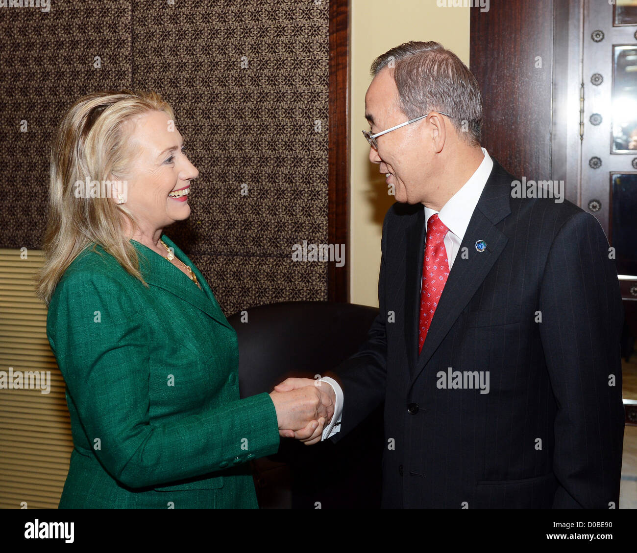 US Secretary of State Hillary Rodham Clinton meets with with UN Secretary General Ban Ki-moon at the King David Hotel November 21, 2012 in Jerusalem, Israel. Clinton is in Israel to help broker a ceasefire between Israel and Hamas. Stock Photo