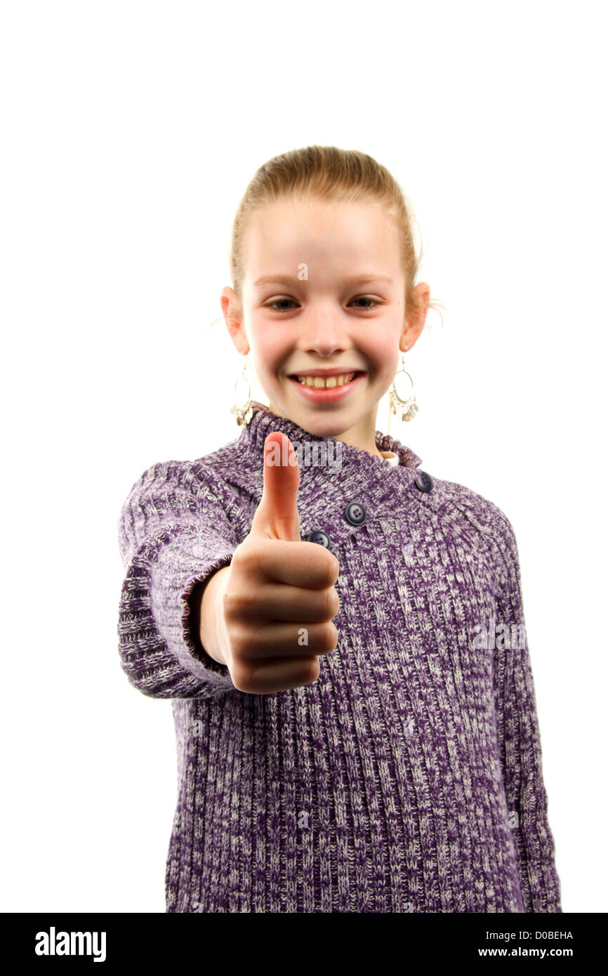 Girl with thumbs up isolated on white background Stock Photo - Alamy