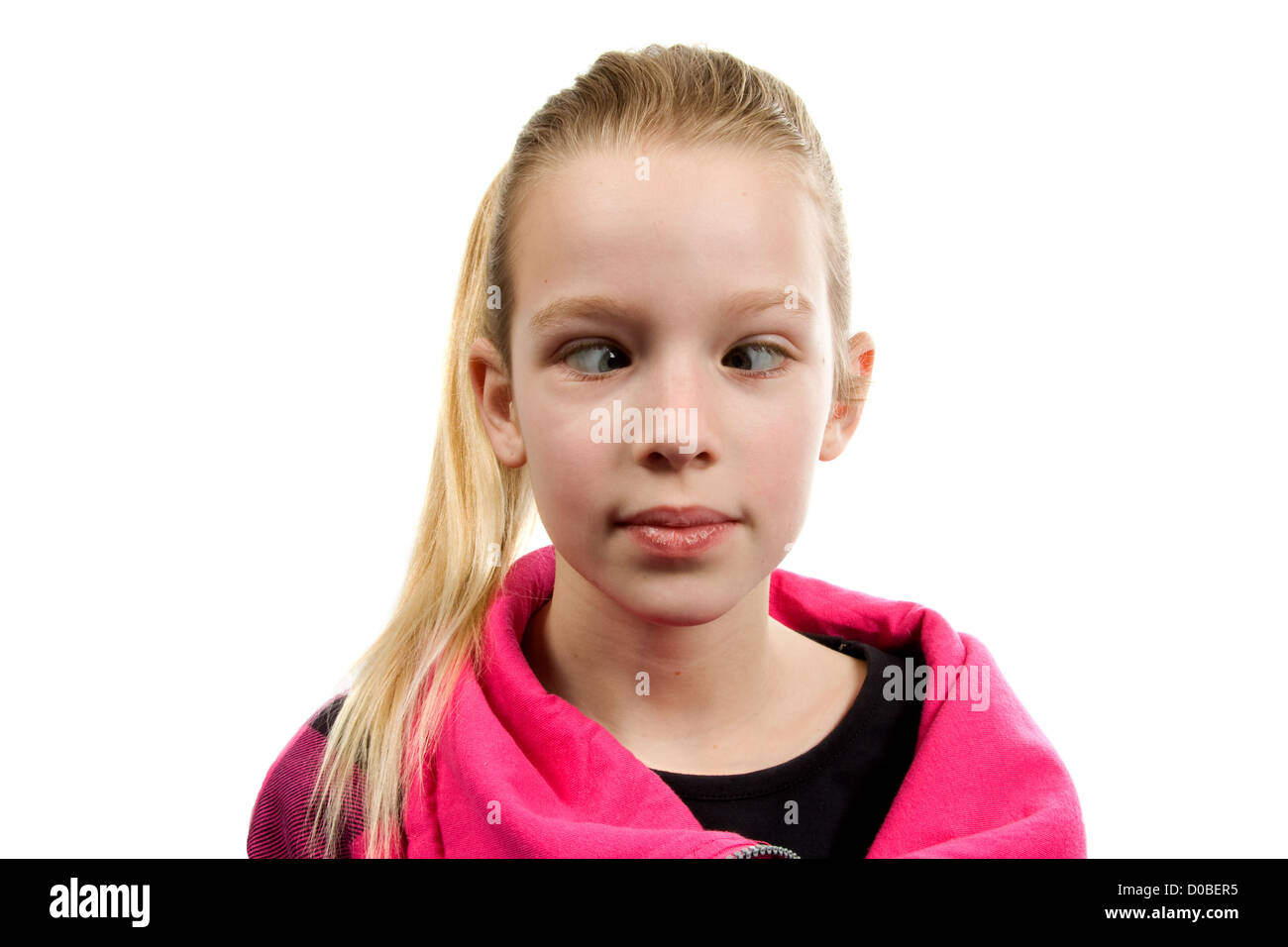 cross-eyed girl isolated on white background Stock Photo
