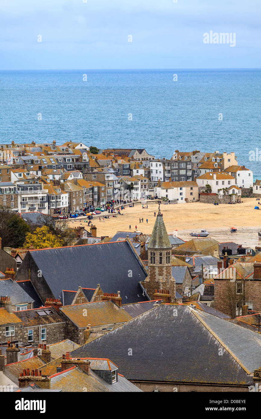 Seaside Village of St. Ives, Cornwall, UK. Roof top view of the harbor Stock Photo