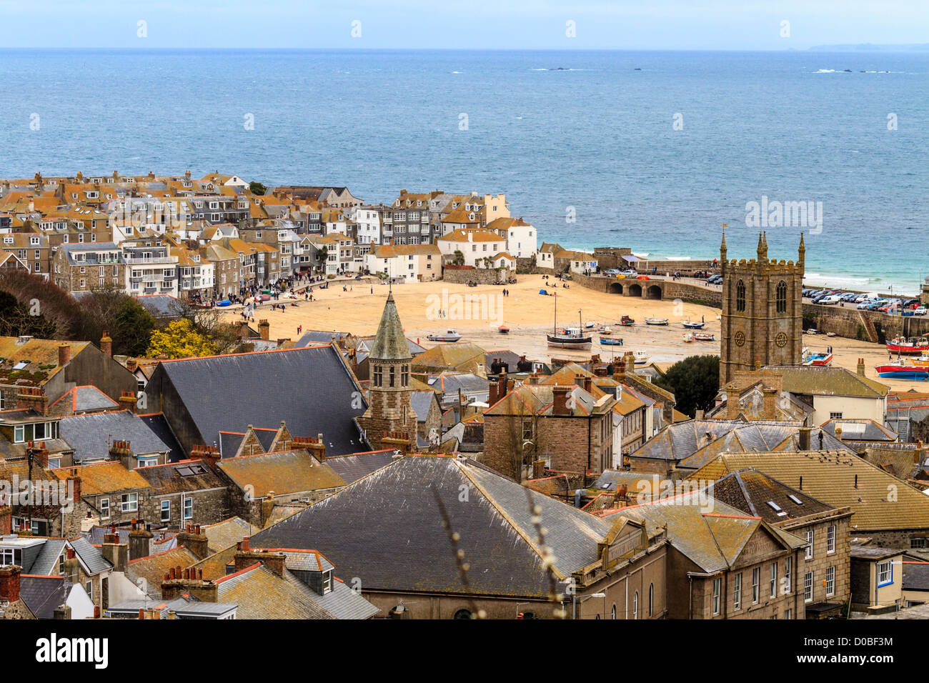 Seaside Village of St. Ives, Cornwall, UK. Roof top view of the harbor Stock Photo