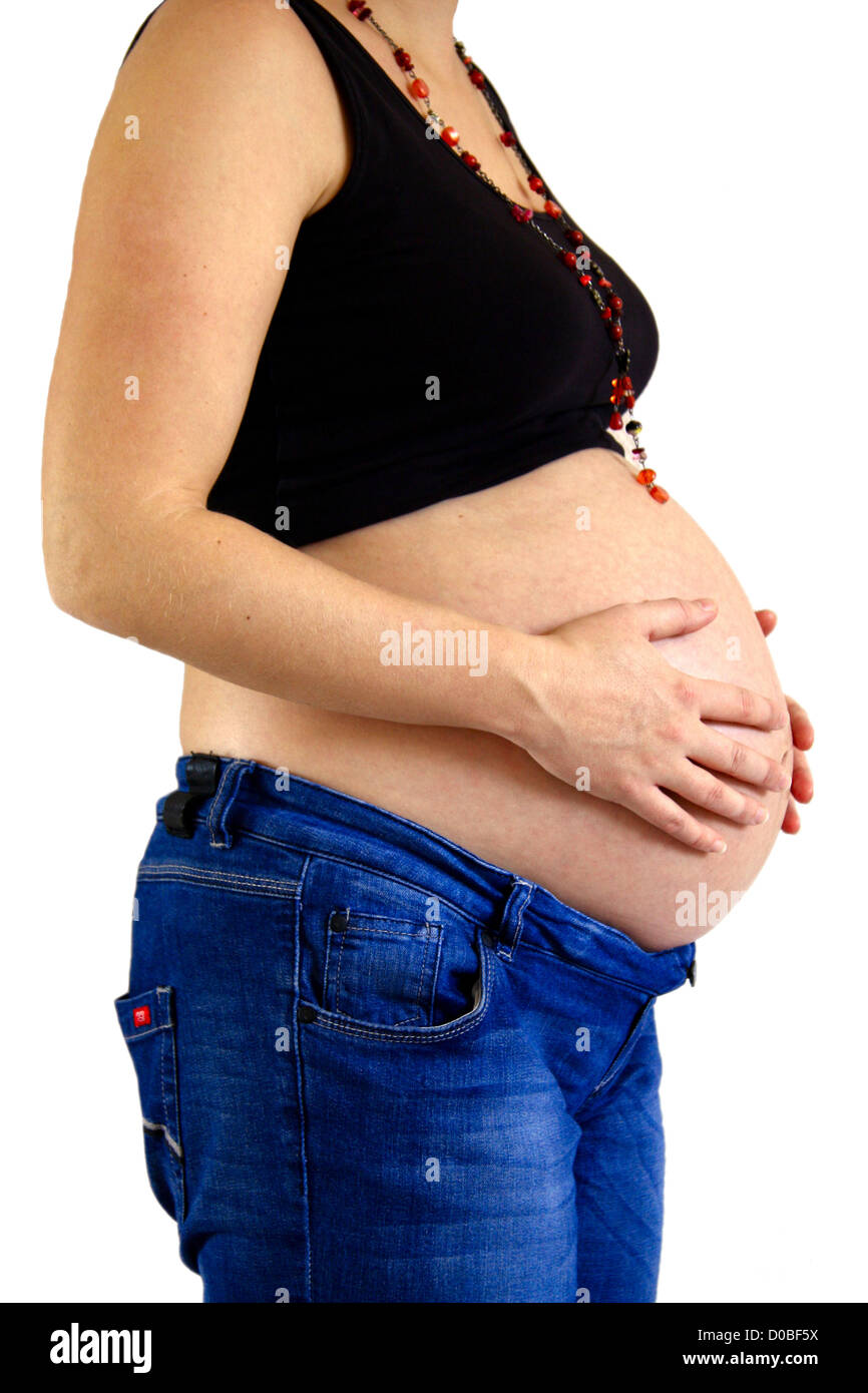 Hands on pregnant belly, isolated on white background Stock Photo Alamy