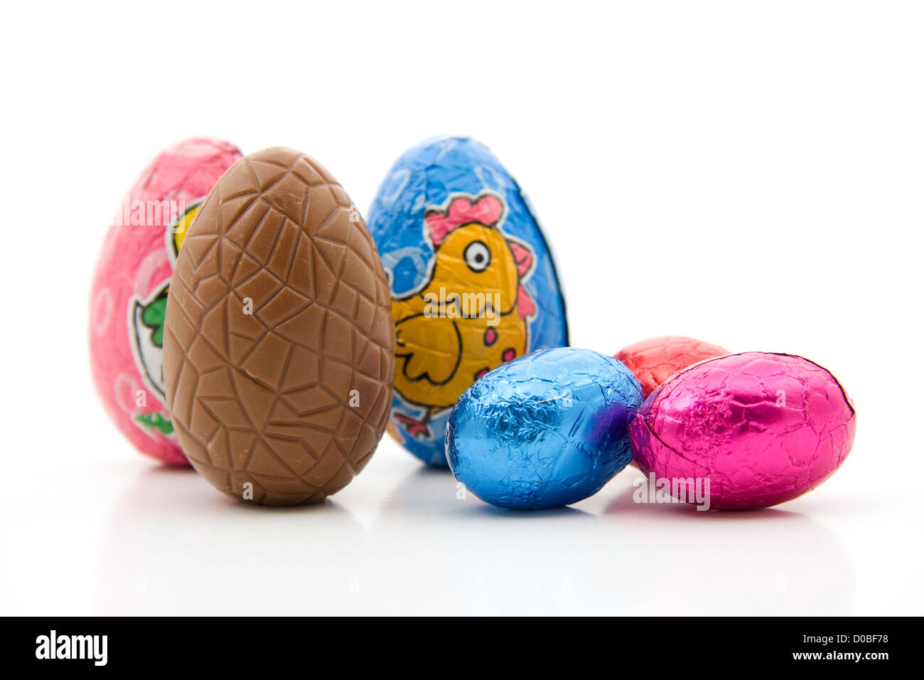 Colorful chocolate easter eggs, isolated on white background Stock