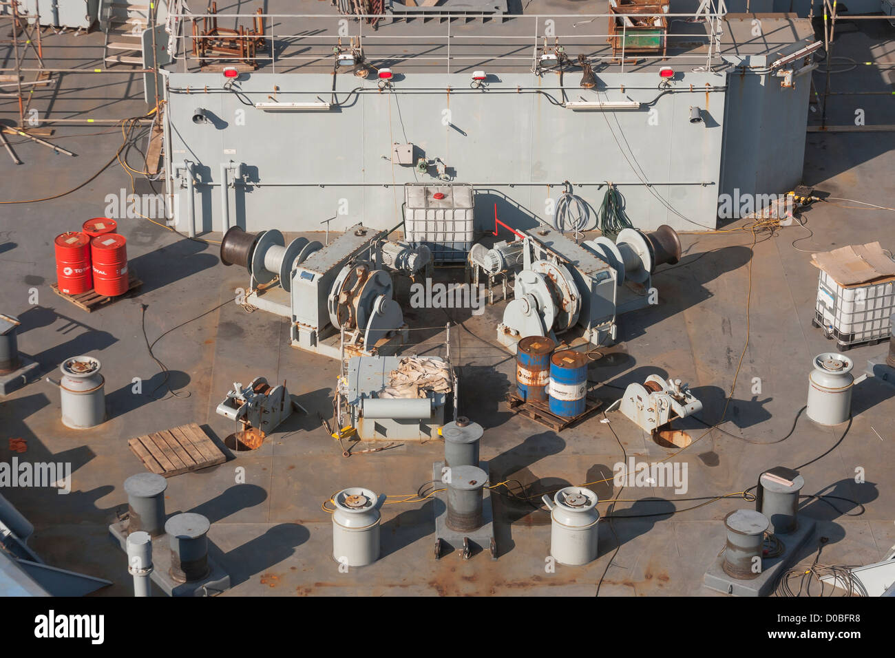 Royal Navy ship under maintenance at Falmouth shipyard closeup of fore deck and winches Stock Photo