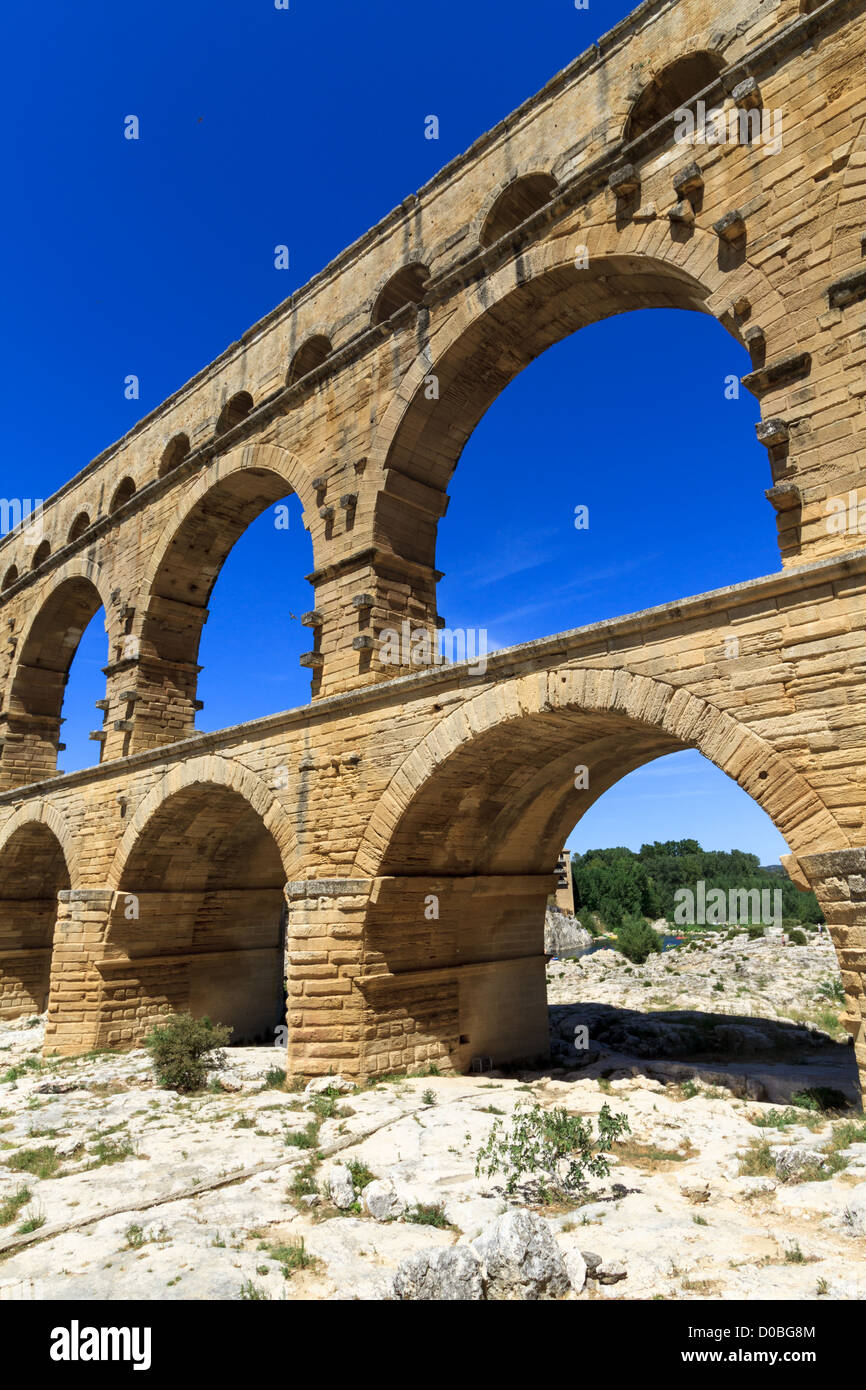 Pont du Gard is an old Roman aqueduct near Nimes in Southern France Stock Photo