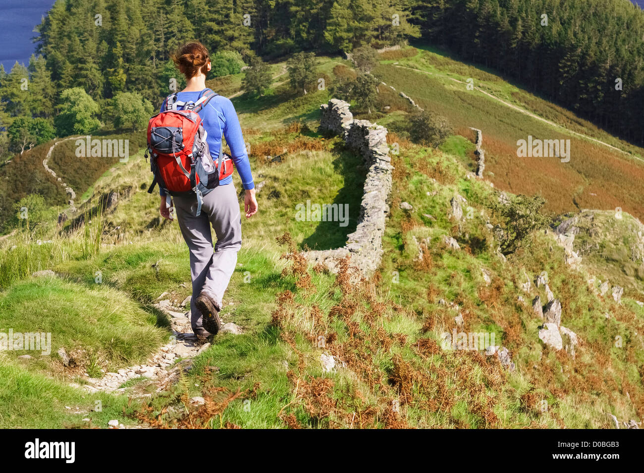 A female hiker walking down towards The Rigg at Haweswater in the Lake District. Stock Photo