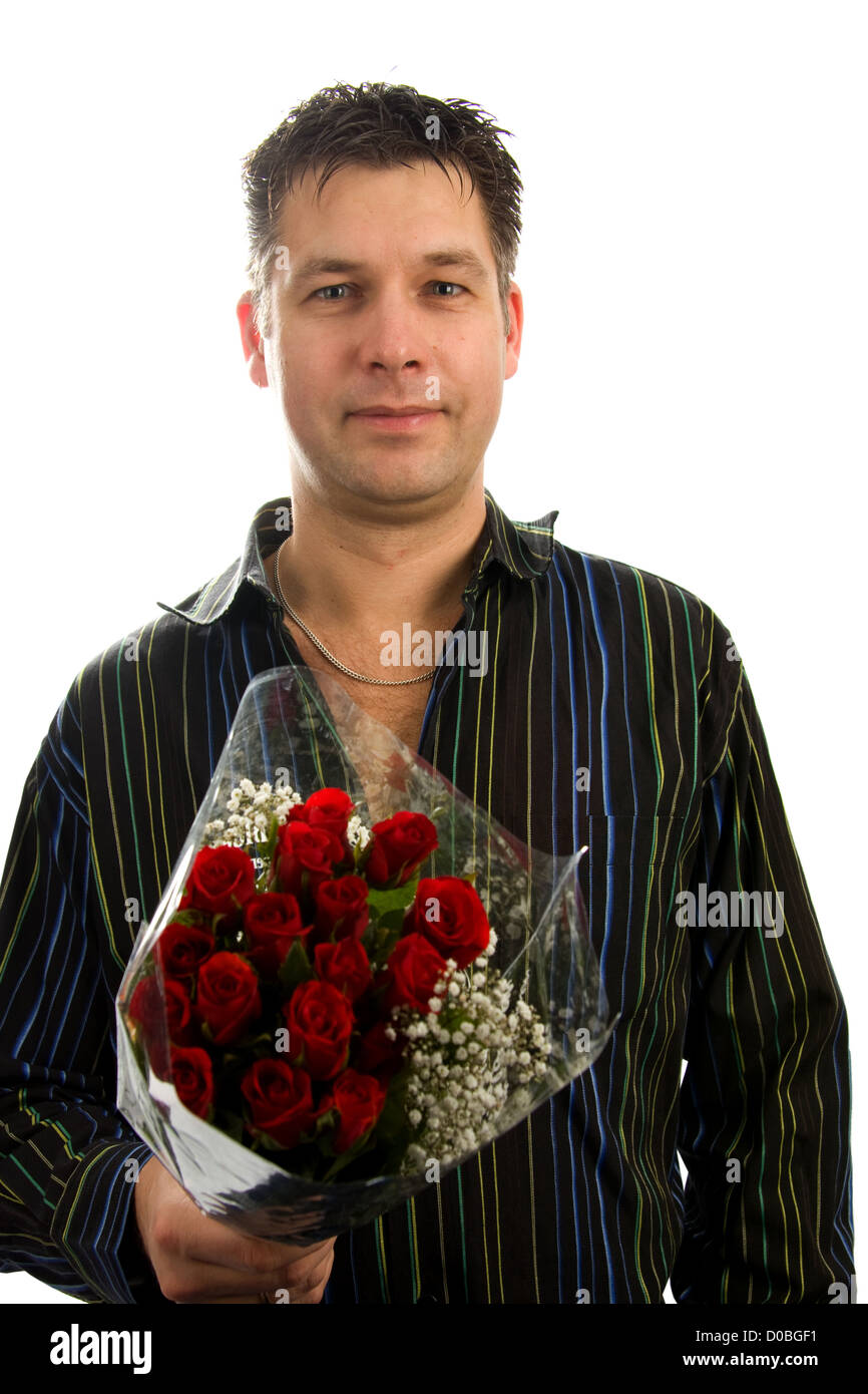 Man Getting Roses Handsome man is giving bouquet of roses, isolated on white background ...