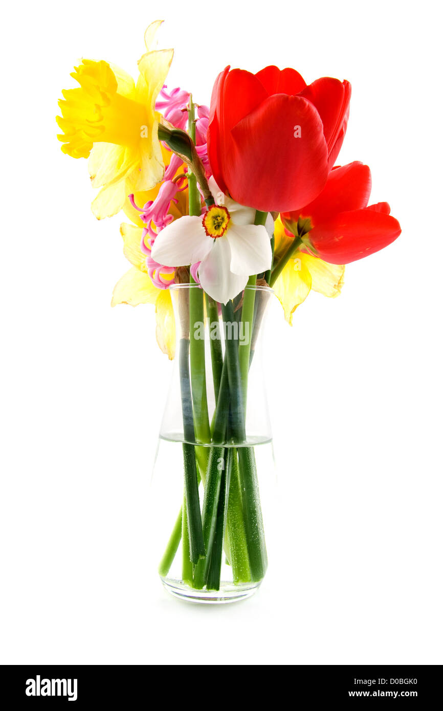 bouquet of spring flowers in vase, isolated on white background Stock Photo