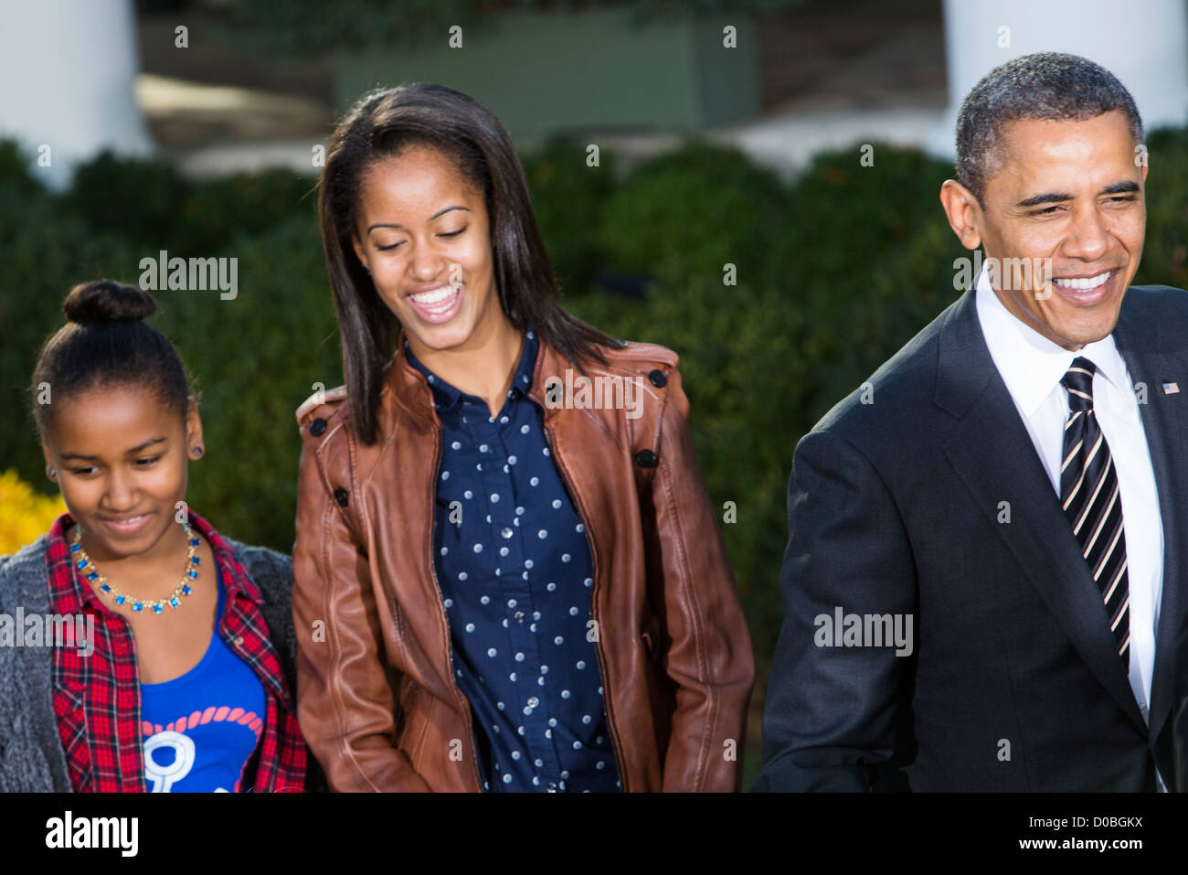 President Barack Obama pardons the National Thanksgiving Turkey with daughters Sasha and Malia.  Stock Photo